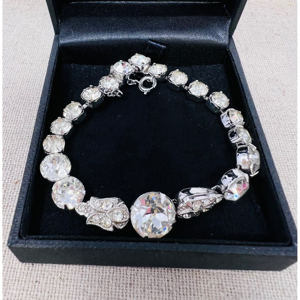 Vintage Eisenberg Ice Art Deco Crystal Silver Tone Leaf Accent Bracelet